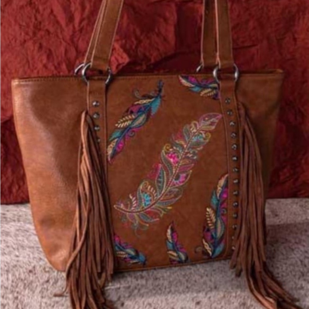 Montana West Feather Concealed Carry Bag - Brown Embroidered Feather Tote Bag